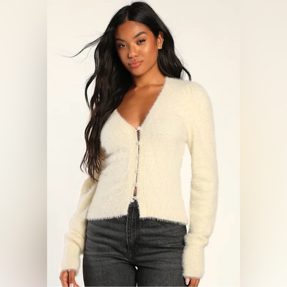Lulus Ivory Eyelash Knit Fuzzy Pearl Button Cardigan Sweater